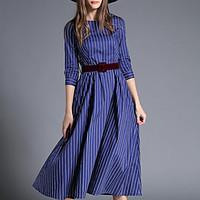 Women\'s Going out / Casual/Daily Simple Loose Dress, Striped Round Neck Midi ¾ Sleeve Blue Polyester Fall Mid Rise Inelastic Medium