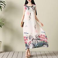 Women\'s Casual/Daily Street chic Ethnic Print Loose Chiffon Dress Print Color Block Round Neck Maxi Sleeveless Polyester Summer