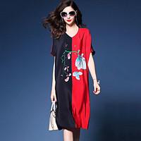Women\'s Casual/Daily Street chic Ethnic Print Loose Dress Print Color Block V Neck Knee-length Short Sleeve Silk Summer