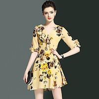 Women\'s Going out Street chic Fashion Slim Chiffon Skater Dress Print Flower Ruffle V Neck Above Knee 1/2 Length Sleeve Silk Summer