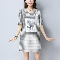 Women\'s Casual/Daily Street chic Ethnic Print Loose Dress Striped Embroidered Round Neck Above Knee Short Sleeve Cotton /Linen Summer