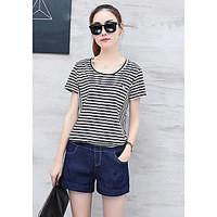 Women\'s Casual/Daily Simple Summer T-shirt Pant Suits, Striped Round Neck Short Sleeve Denim