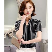 Women\'s Daily Simple Polo, Striped Shirt Collar Short Sleeve Polyester