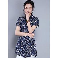 Women\'s Casual Vintage Summer Shirt, Floral Shirt Collar Short Sleeve Cotton Medium