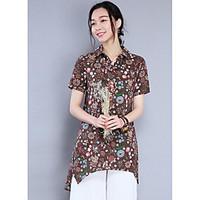 womens casual simple summer shirt floral shirt collar short sleeve cot ...