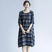 womens fine stripe going out simple loose dress striped round neck kne ...