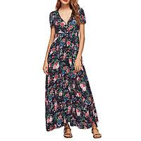 Women\'s Going out Beach Party Boho Swing Dress, Floral Deep V Maxi Short Sleeve Polyester Summer High Rise Micro-elastic Medium