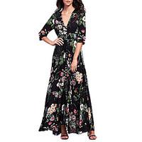 Women\'s Going out Beach Party Boho Swing Dress, Floral Deep V Maxi ¾ Sleeve Polyester Summer High Rise Micro-elastic Medium