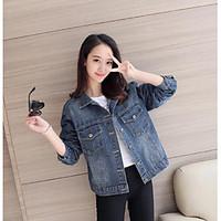 Women\'s Going out Casual/Daily Holiday Simple Street chic Spring Jacket, Solid Shirt Collar Long Sleeve Regular Cotton