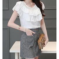Women\'s Casual/Daily Simple Summer Shirt Skirt Suits, Solid Round Neck Short Sleeve Micro-elastic
