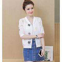 Women\'s Casual/Daily Simple Spring Jacket, Print Shirt Collar 3/4 Length Sleeve Regular Cotton