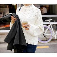 Women\'s Casual/Daily Cute Regular Pullover, Embroidered White Black Turtleneck Long Sleeve Cotton Fall Medium Micro-elastic