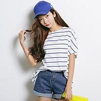 womens formal cute t shirt striped round neck short sleeve cotton