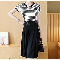 Women\'s Casual/Daily Work Street chic Summer T-shirt Skirt Suits, Striped Round Neck Short Sleeve