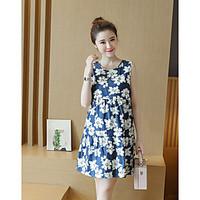 Women\'s Going out Casual/Daily Cute Loose Dress, Floral Round Neck Above Knee Sleeveless Denim Summer High Rise Micro-elastic Medium