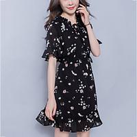 womens plus size slim bow ruffle chiffon dress print round neck above  ...