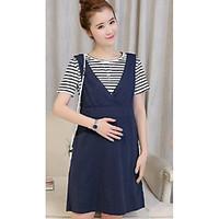 Women\'s Going out Casual/Daily Simple Cute Loose Dress, Striped Round Neck Above Knee Short Sleeve Cotton Summer High Rise Micro-elastic