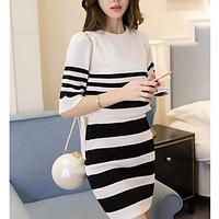 Women\'s Casual/Daily Simple Summer T-shirt Skirt Suits, Striped Round Neck 1/2 Length Sleeve Micro-elastic