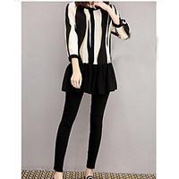 Women\'s Going out Street chic A Line Dress, Striped Round Neck Above Knee Long Sleeve Cotton Spring Summer Mid Rise Micro-elastic Medium