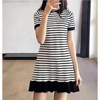 Women\'s Going out Simple A Line Dress, Striped Shirt Collar Mini Short Sleeve Cotton Summer Mid Rise Micro-elastic Medium