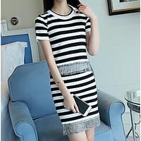 Women\'s Casual/Daily Street chic Summer T-shirt Skirt Suits, Striped Round Neck Short Sleeve strenchy