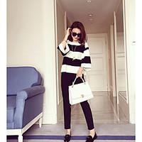 womens casualdaily simple fall t shirt pant suits striped round neck 3 ...