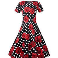 Women\'s Going out Vintage Loose Dress, Floral Round Neck Midi Short Sleeve Cotton Summer High Rise Micro-elastic Medium