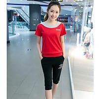 Women\'s Sports Active Summer T-shirt Pant Suits, Solid Round Neck Short Sleeve