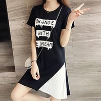 Women\'s Casual/Daily Loose Dress, Letter Round Neck Above Knee Short Sleeve Black Cotton Polyester Summer Mid Rise Micro-elastic Thin