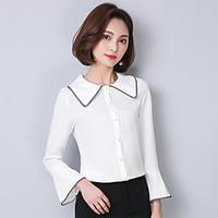 Women\'s Going out Casual/Daily Work Simple Cute Spring Fall Blouse, Solid Shirt Collar Long Sleeve Chiffon Medium