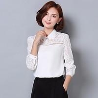 Women\'s Going out Work Simple Cute Spring Summer Blouse, Solid Shirt Collar Long Sleeve Chiffon Medium