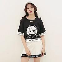 Women\'s Going out Casual/Daily Simple Cute Summer T-shirt, Print Letter Round Neck Short Sleeve Cotton Medium