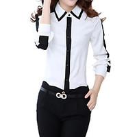womens work simple shirt color block shirt collar long sleeve white po ...