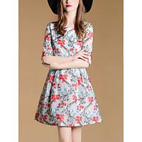 Women\'s Going out Vintage Cute A Line Dress, Floral Round Neck Above Knee ½ Length Sleeve Polyester Spring Fall Mid Rise Inelastic Medium