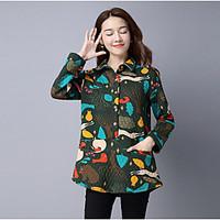 Women\'s Casual/Daily Vintage Simple Spring Fall Shirt, Print Shirt Collar Long Sleeve Cotton Medium