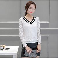 Women\'s Casual/Daily Work Simple Cute Spring Summer T-shirt, Solid V Neck Long Sleeve Lace Medium