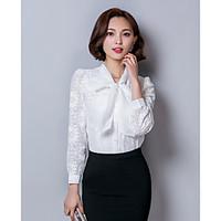 Women\'s Work Simple Spring Fall Shirt, Solid Shirt Collar Long Sleeve Lace Medium