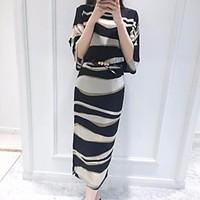 Women\'s Going out Casual/Daily Loose Dress, Striped Round Neck Midi ½ Length Sleeve Acrylic Summer High Rise Micro-elastic Medium