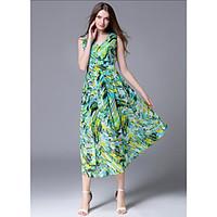 Women\'s Beach Holiday Sexy Vintage Swing Dress, Print V Neck Maxi Sleeveless Polyester Summer Mid Rise Inelastic Thin