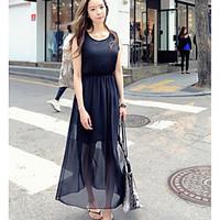 womens casualdaily chiffon dress solid round neck midi sleeveless chif ...