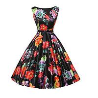 Women\'s Casual/Daily Vintage A Line Dress, Floral Round Neck Knee-length Sleeveless Black Cotton Summer