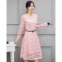Women\'s Casual/Daily Lace Dress, Solid Round Neck Knee-length Long Sleeve Polyester Spring Summer High Rise Micro-elastic Thin