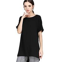 Women\'s Casual/Daily Street chic Blouse, Solid Round Neck Short Sleeve Polyester