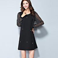 Women\'s Plus Size Casual/Daily Vintage Simple Chiffon Dress, Polka Dot Round Neck Above Knee Long Sleeve Cotton PolyesterAll Seasons