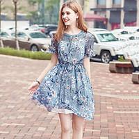 Women\'s Going out Street chic Slim Chiffon Dress Print Pleated Round Neck Knee-length Short Sleeve Flare Sleeve Polyester Summer