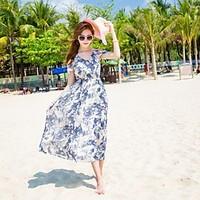 Women\'s Beach Holiday Loose Swing Dress, Floral V Neck Midi Short Sleeve Polyester Summer High Rise Micro-elastic Thin
