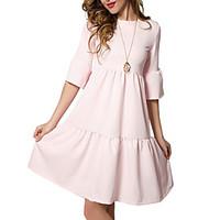 Women\'s Going out Party Vintage Loose Dress, Solid Round Neck Knee-length ½ Length Sleeve Cotton Polyester Summer Mid Rise Micro-elastic