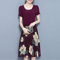 Women\'s Plus Size Going out Casual/Daily Street chic Sheath Chiffon Dress, Floral Round Neck Midi Short Sleeve Cotton Polyester SummerHigh