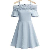 Women\'s Plus Size Going out Simple Lace Dress, Solid Strap Above Knee Short Sleeve Cotton Summer Mid Rise Inelastic Medium