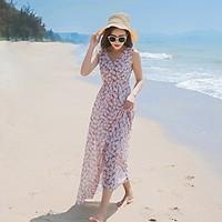 Women\'s Beach Holiday Loose Swing Dress, Floral V Neck Maxi Sleeveless Polyester Summer High Rise Micro-elastic Thin